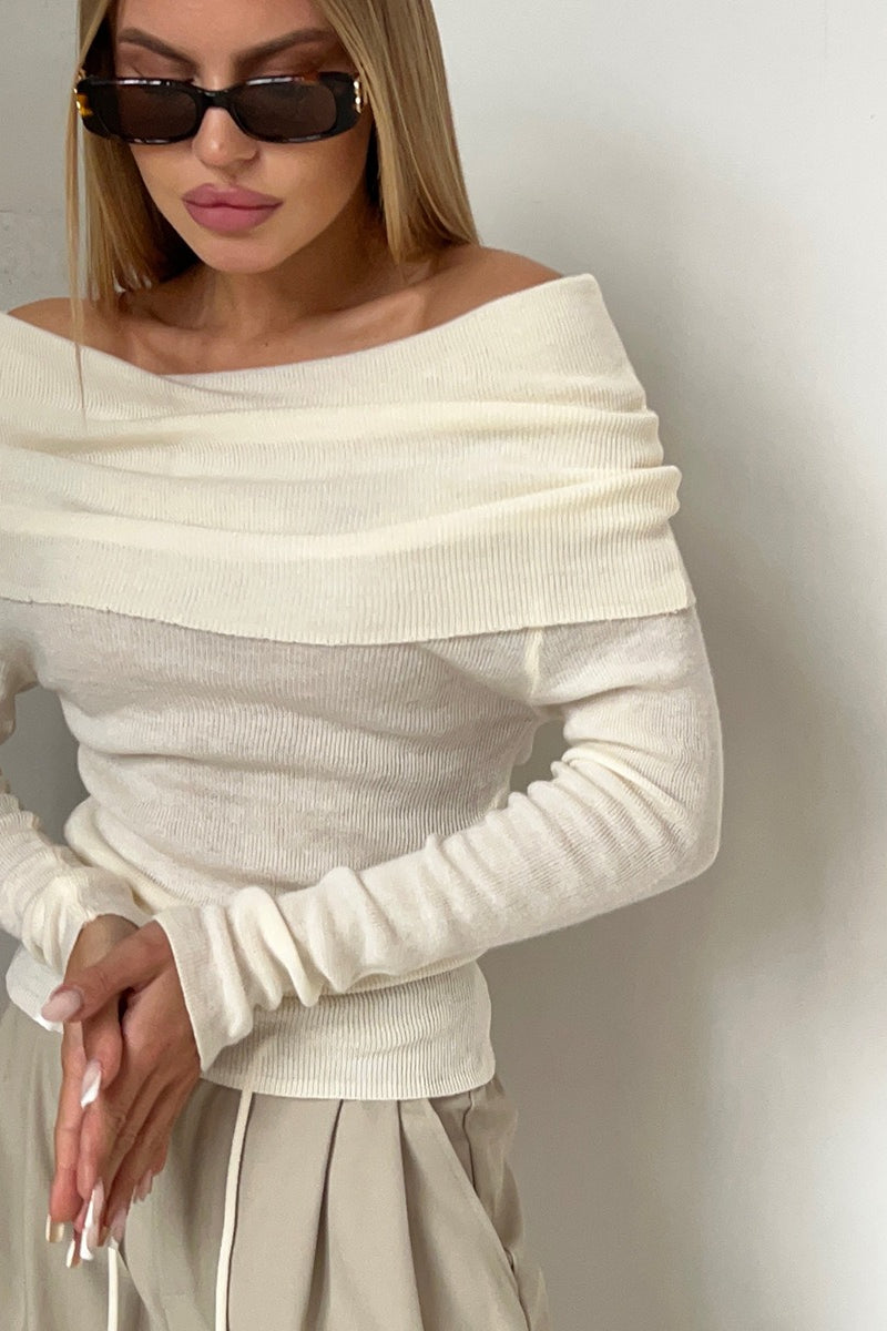 Sheer Off-Shoulder Fitted Solid Pullover Knit Top