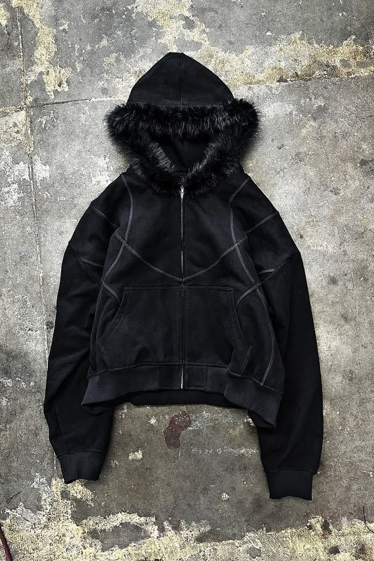 Faux-Fur Hood Graphic Zip-Up Hoodie