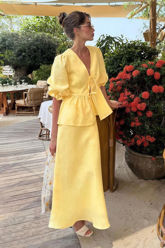 Solid Casual V-Neck Ruffle Short Sleeve Skirt Set