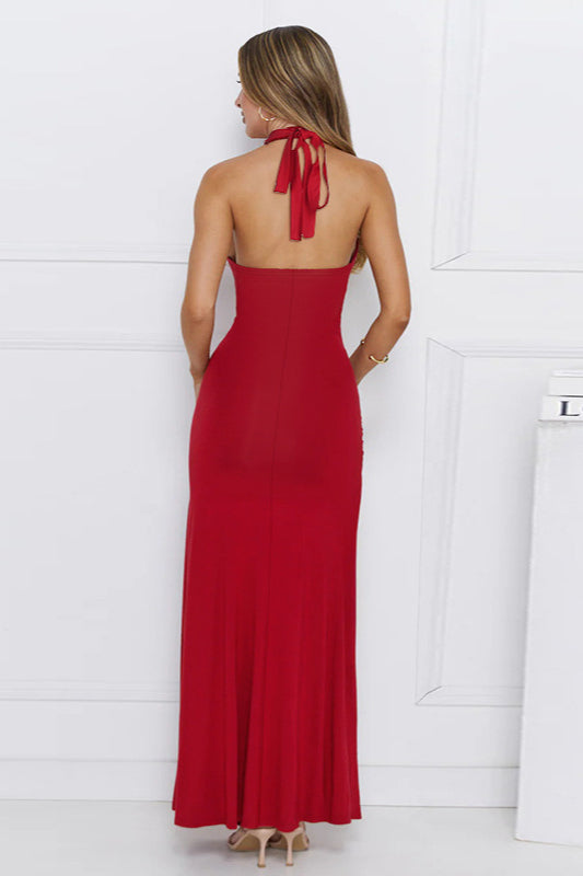 Halter V Neck Slit Slim Long Fitted Party Dress