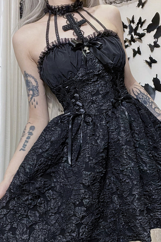 Ruffled Cross Neck Gothic Dress