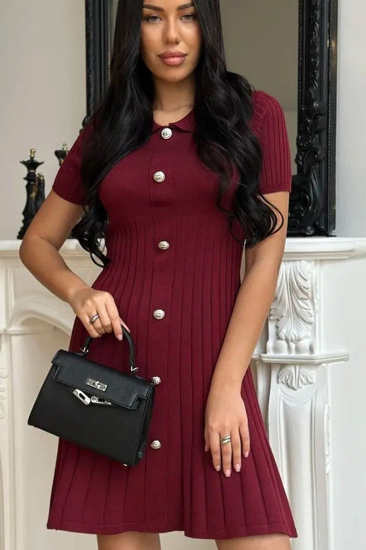 Turn Down Collar Fitted Slim A Line Pullover Knit Sweater Dress