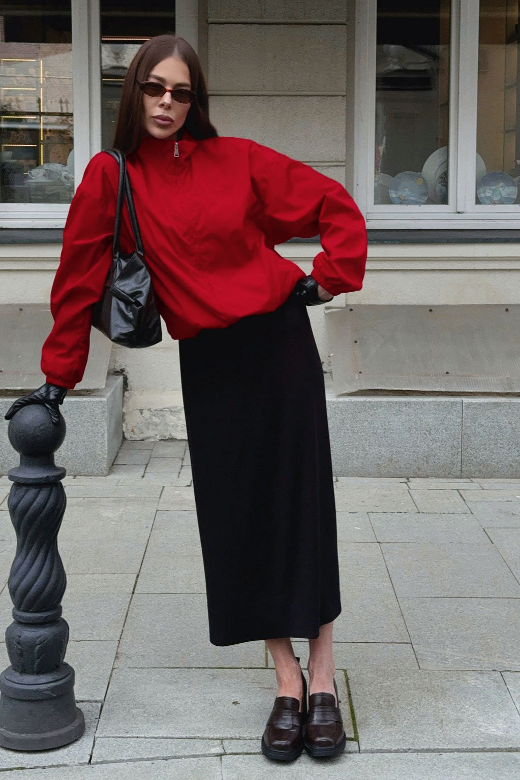 Red Stand Collar Zip Windproof Coat