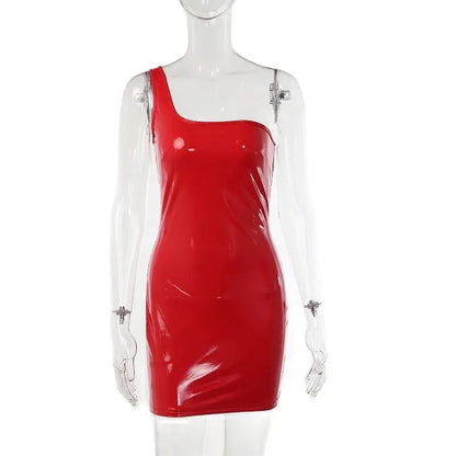 Bright Red Sexy Club One Shoulder Low Cut Tight Rave Festival Christmas Party Dress