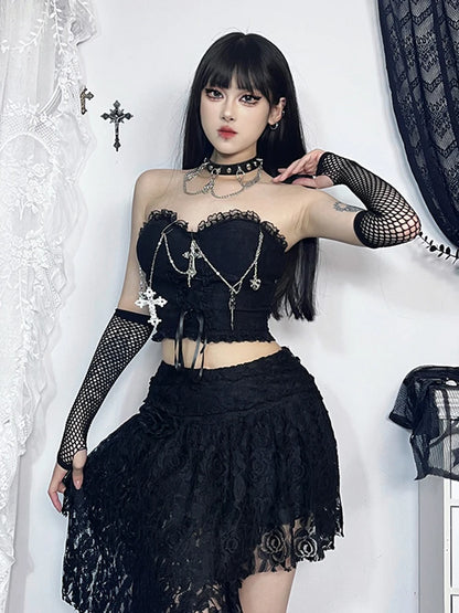 Gothic Dark Punk Harajuku Grunge Stylish Elegant Chic Trendy Lace-up Crop Top