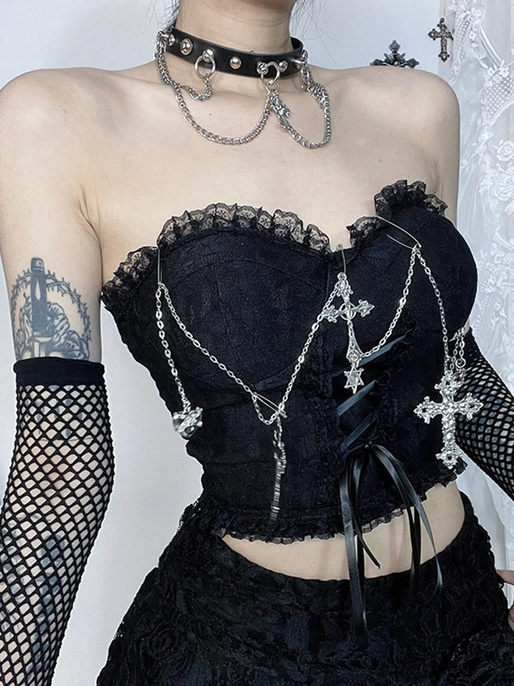 Gothic Dark Punk Harajuku Grunge Stylish Elegant Chic Trendy Lace-up Crop Top