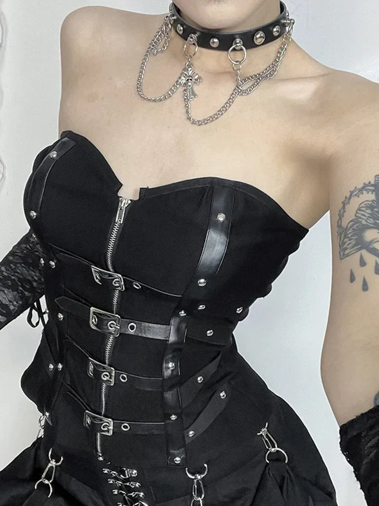 Alt Goth Gothic PU Patchwork Zipper Harajuku Crop Top