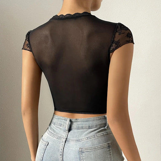 Retro Flower Lace Fishbone V-neck Crop Top