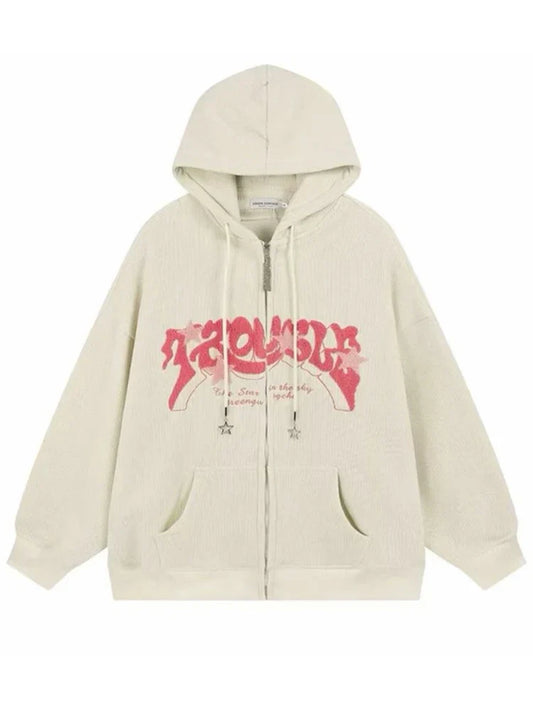 Vintage Goth Corduroy Zip Up Hoodie Beige / M(40-50KG)