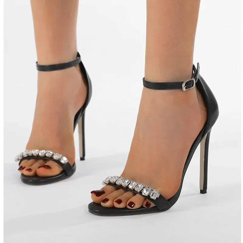 Apricot/Black Rhinestone Band Open Toe Sandals with Buckle Strap - Summer Heeled Pumps for Women