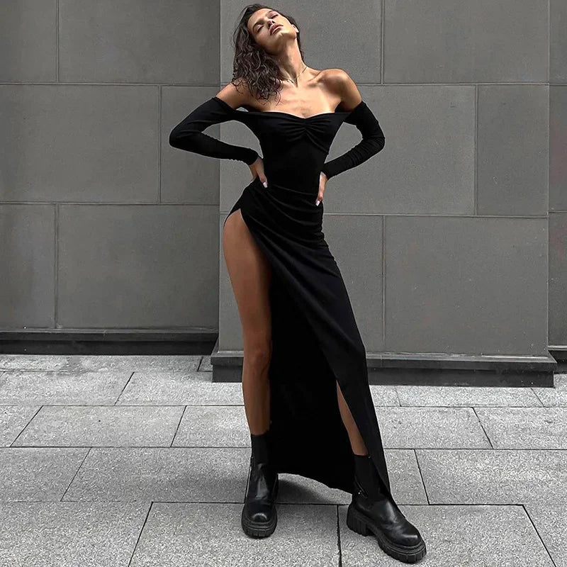 Asymmetric Ruched Backless Slit Party Fashion Off Shoulder Autumn Midi Dress