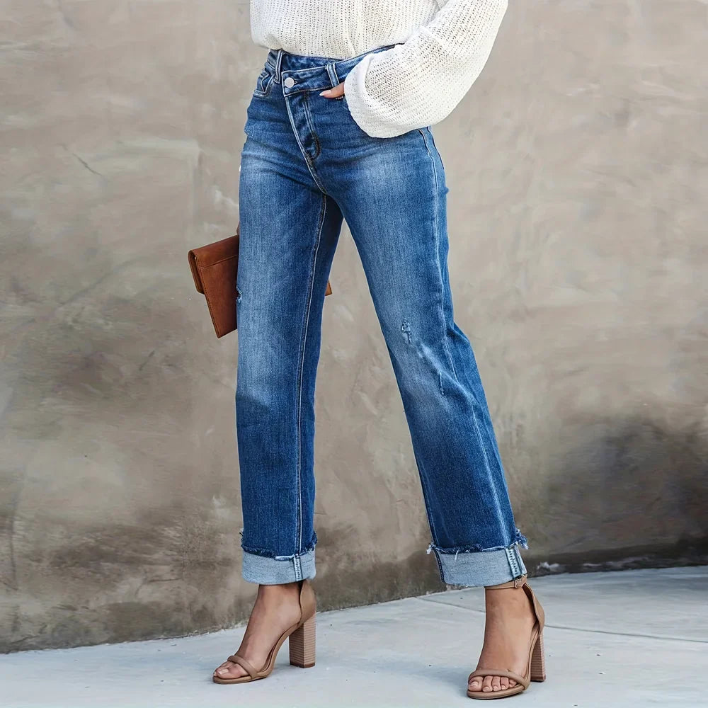 Asymmetrical Waist Casual Straight Loose Fit Rolled Hem Denim Jean