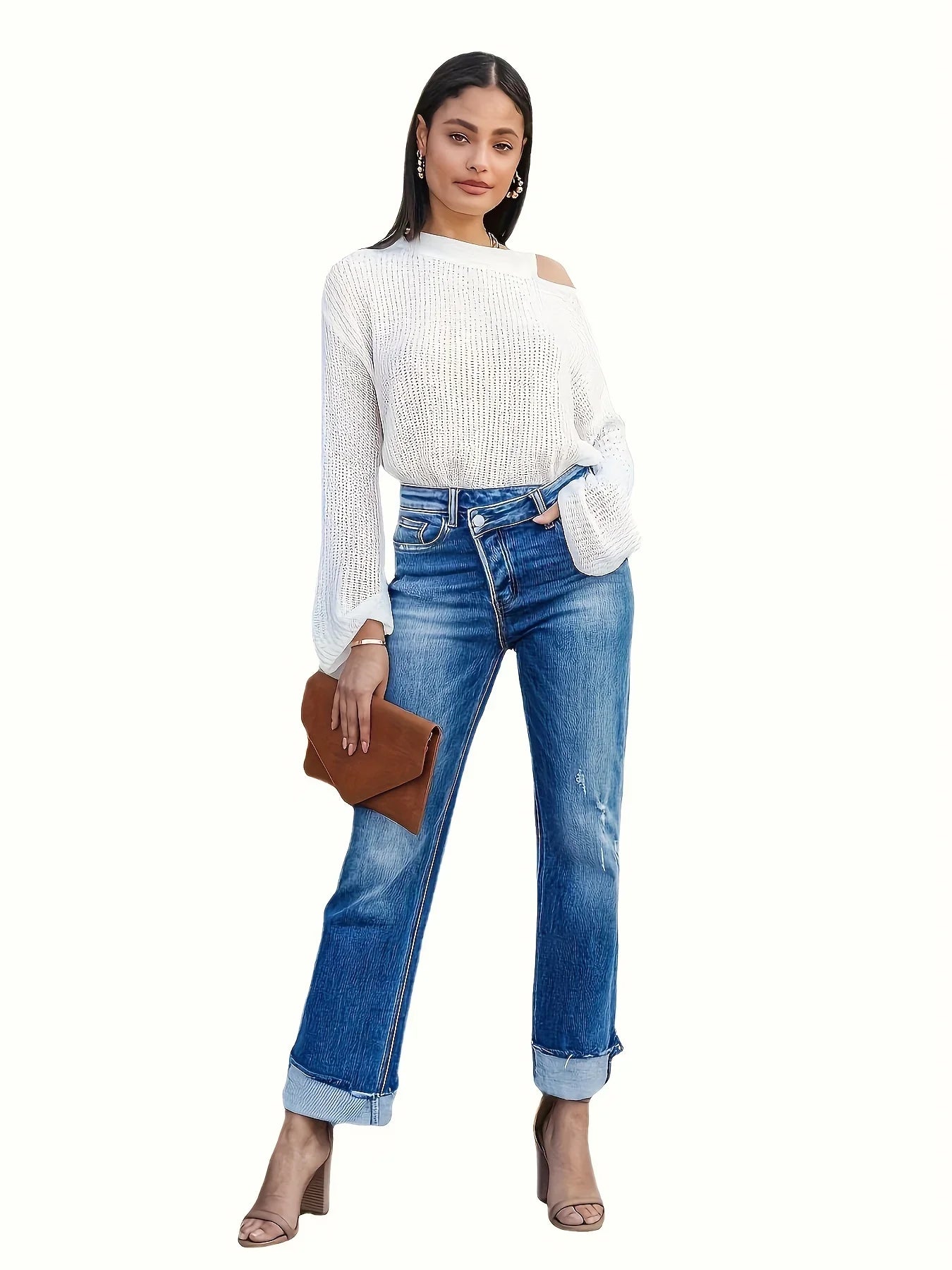 Asymmetrical Waist Casual Straight Loose Fit Rolled Hem Denim Jean