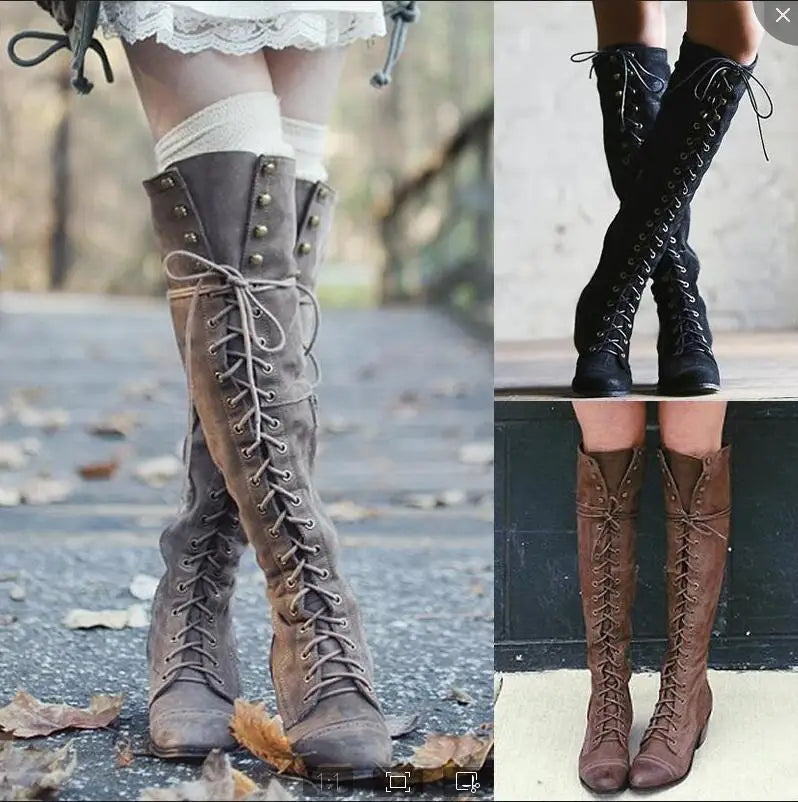 Autumn and Winter Thigh High Boots with Sewing Thread Rivet High Heel and Zipper