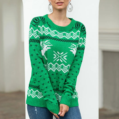 Round Neck Geometric Pattern Printed Xmas Christmas Party Green Christmas Sweater