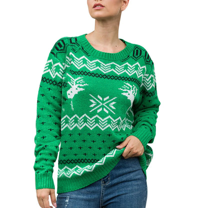 Round Neck Geometric Pattern Printed Xmas Christmas Party Green Christmas Sweater