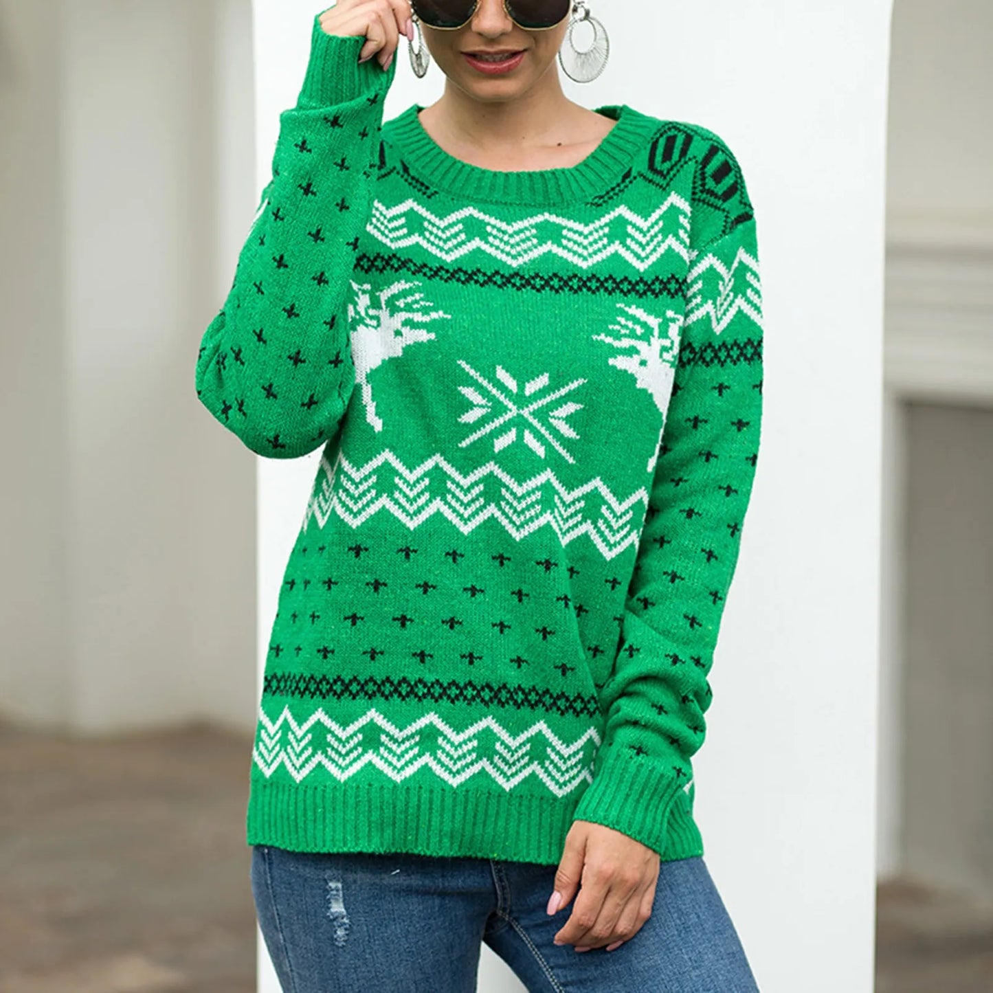 Round Neck Geometric Pattern Printed Xmas Christmas Party Green Christmas Sweater