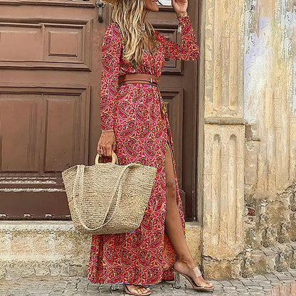 Autumn Female Short Sleeve Sexy High Split Maxi Boho Dress