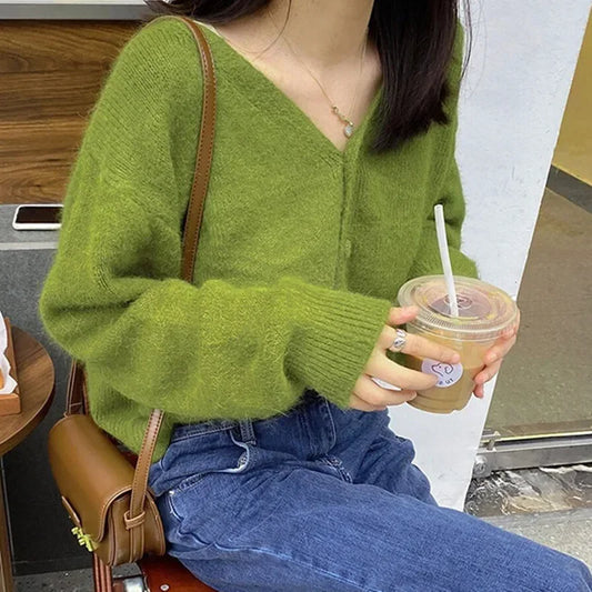 Green V-Neck Long Sleeve Single Breasted Knit Cardigan