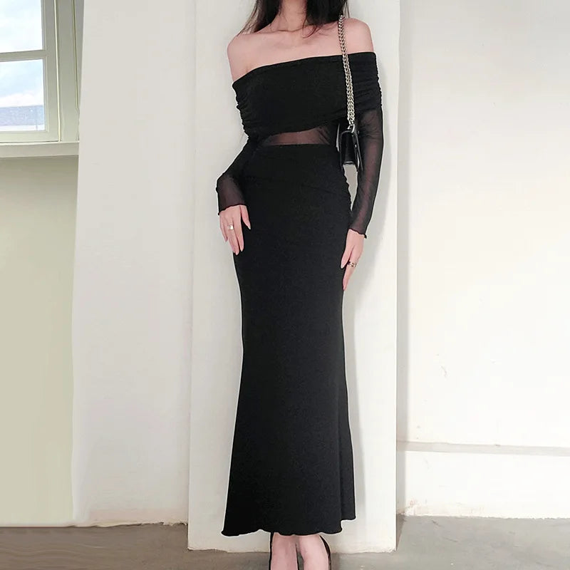 Autumn Sexy Strapless Black Lace Patchwork Long Streetwear Club Bodycon Dress