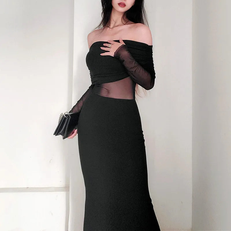 Autumn Sexy Strapless Black Lace Patchwork Long Streetwear Club Bodycon Dress