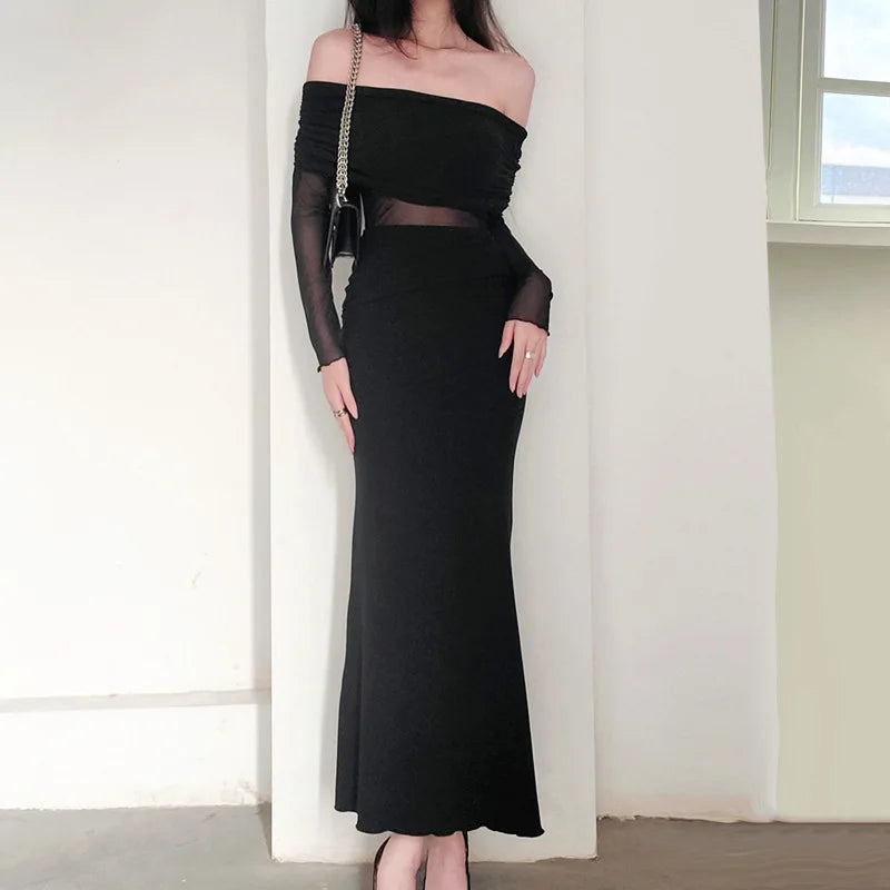 Autumn Sexy Strapless Black Lace Patchwork Long Streetwear Club Bodycon Dress