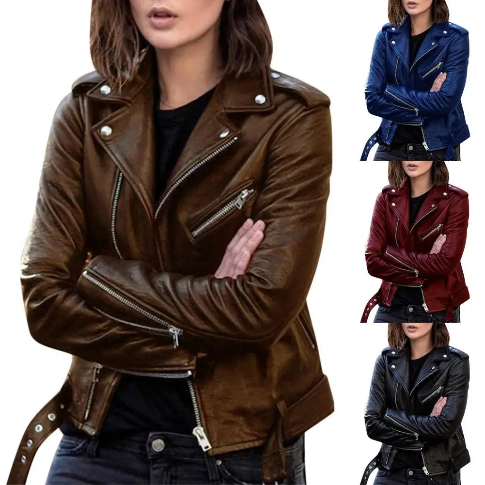 Autumn Short Solid Biker Thin Cool Faux Leather Jacket