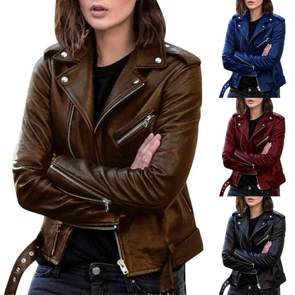 Autumn Short Solid Biker Thin Cool Faux Leather Jacket