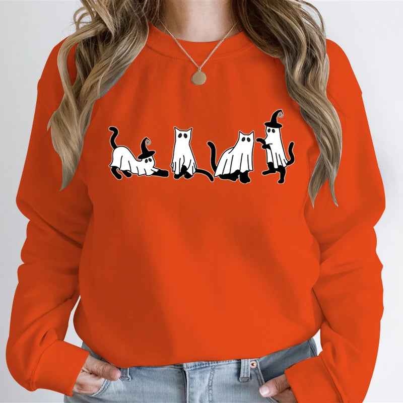 Autumn Ghost Cat Graphic Comfortable Hoodie