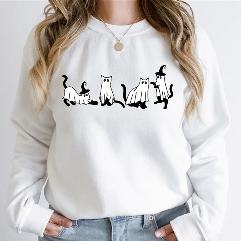 Autumn Ghost Cat Graphic Comfortable Hoodie