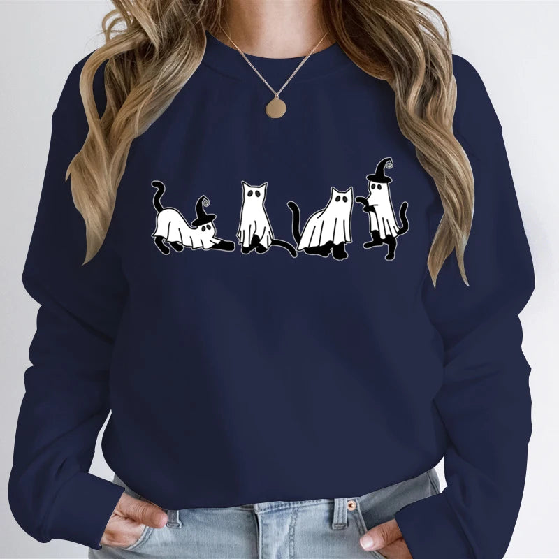 Autumn Ghost Cat Graphic Comfortable Hoodie