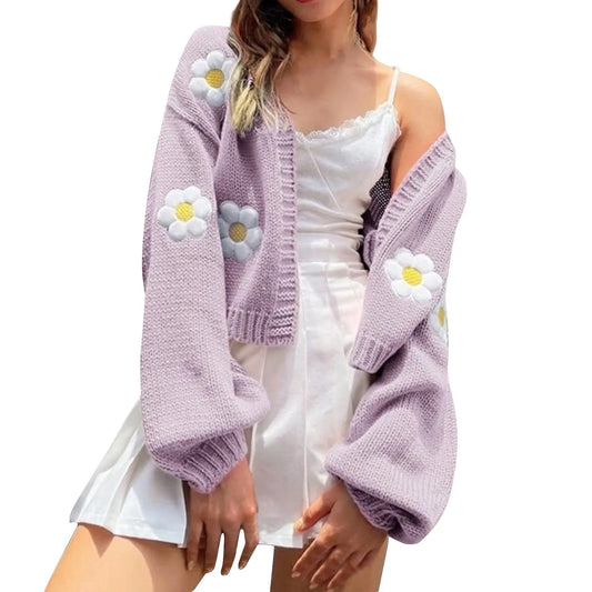 Big Flower Embroidery Warm Long Sleeve Open Stitch Cardigan