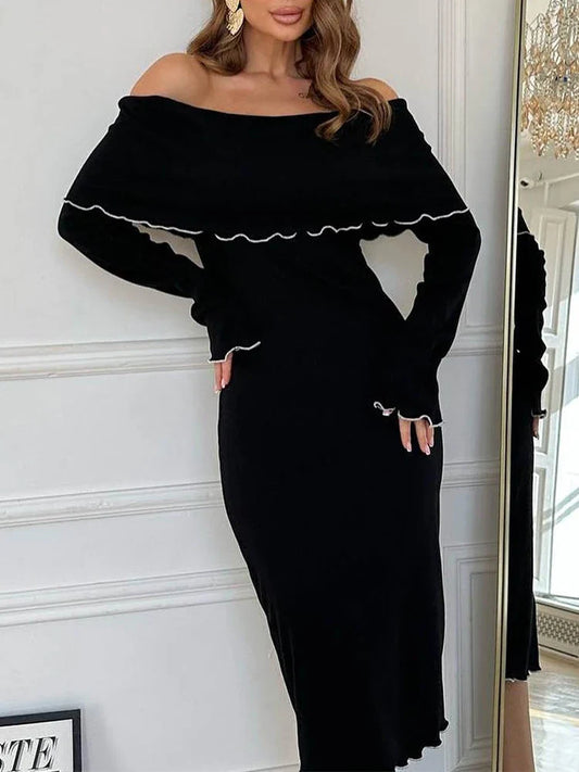 Autumn Winter Black Long Slash Neck Straight Elegant Party Clubwear Bodycon Dress