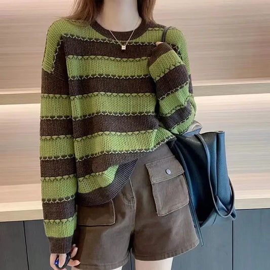 Striped Patchwork  Round Neck  Korean All - match Sweater