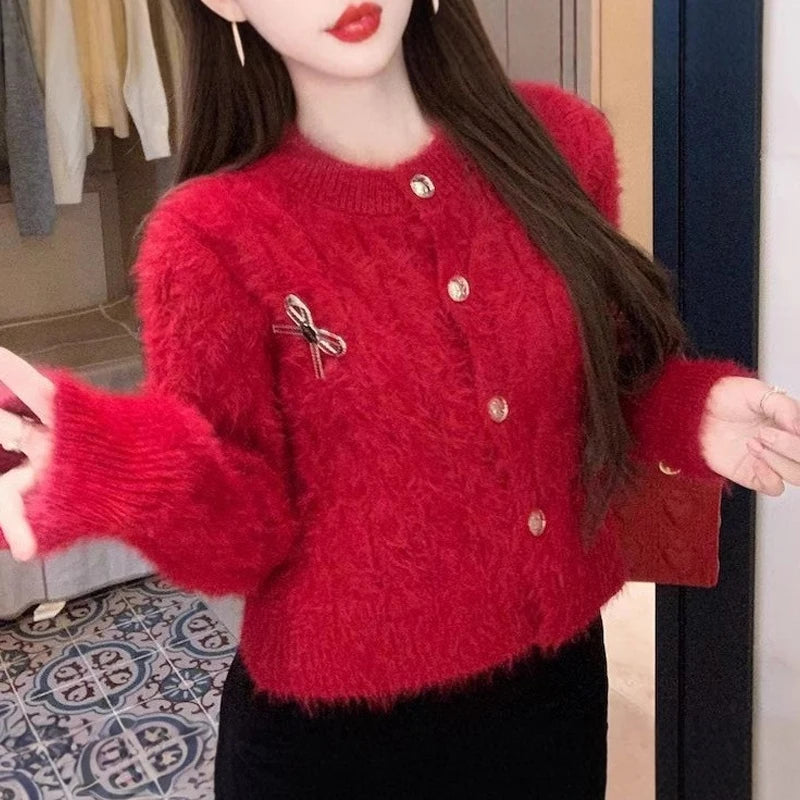 Fluffy Round Neck Bow Christmas Cardigan