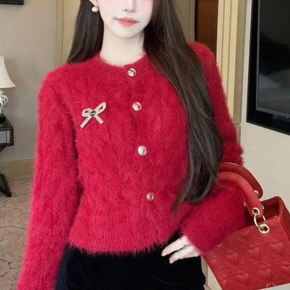 Fluffy Round Neck Bow Christmas Cardigan