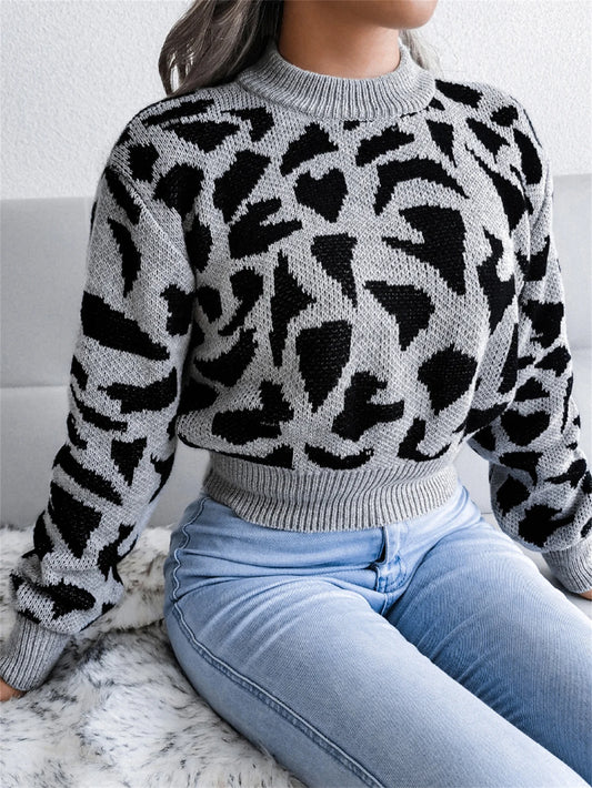 Leopard Pattern  Waist Collection  Round Neck Sweater