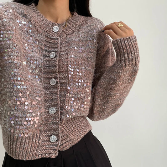 Sequined Knit Long Sleeve Cardigan