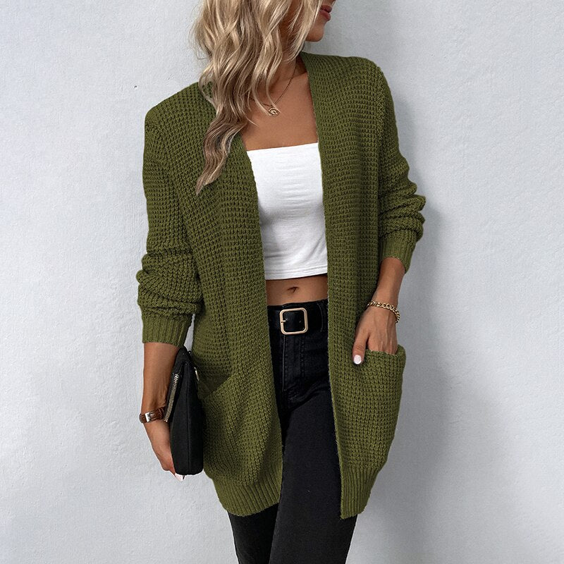 Women's Sweater New V-Neck Solid Color Loose Fit Pockets Long Cardigan