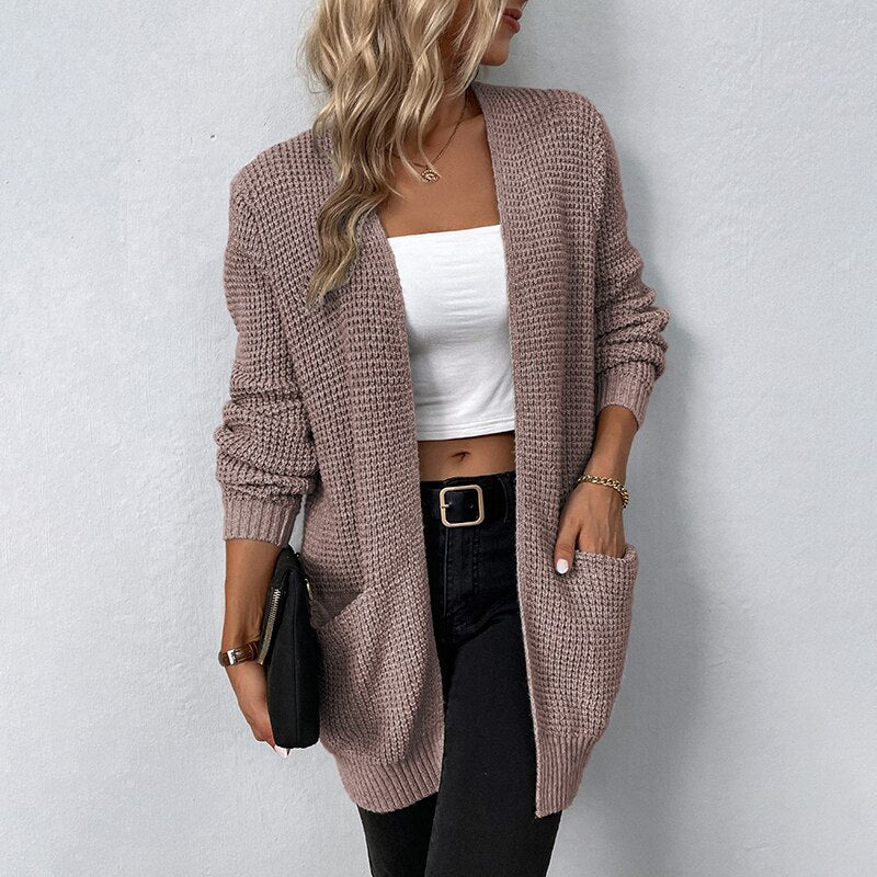 Women's Sweater New V-Neck Solid Color Loose Fit Pockets Long Cardigan