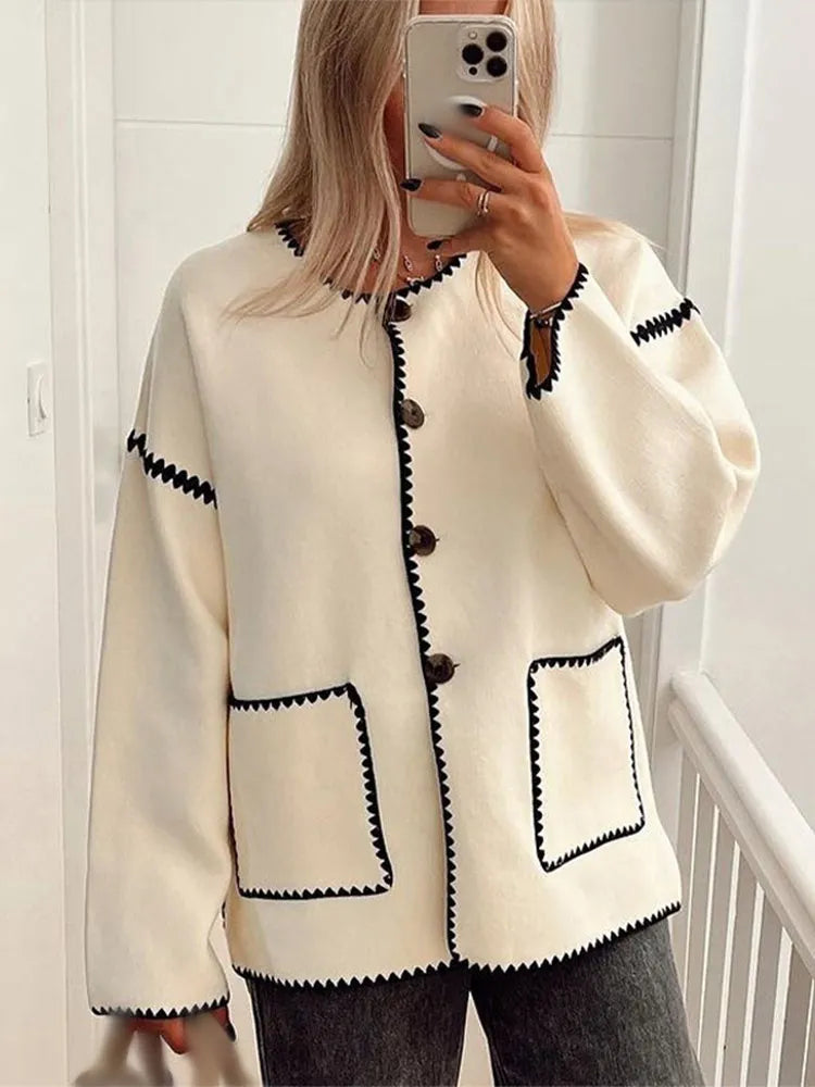 Contrast O Neck Loose Elegant Long Sleeves Winter New Stylish Fashionable Coat Coats-L
