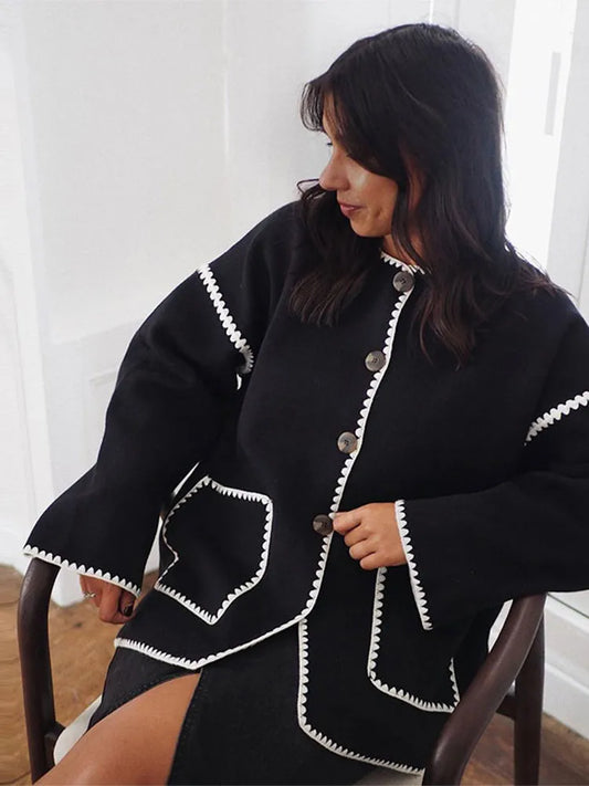 Contrast O Neck Loose Elegant Long Sleeves Winter New Stylish Fashionable Coat Coats-L
