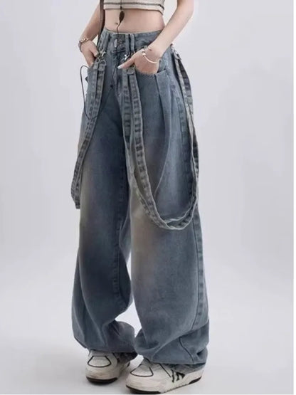 Retro Niche Ribbon Design Washable And Distressed Wide Leg High Waisted Autumn Women's Jean