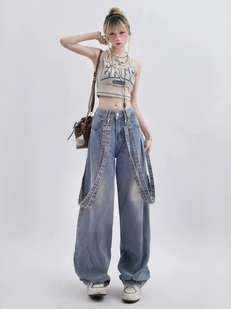 Retro Niche Ribbon Design Washable And Distressed Wide Leg High Waisted Autumn Women's Jean