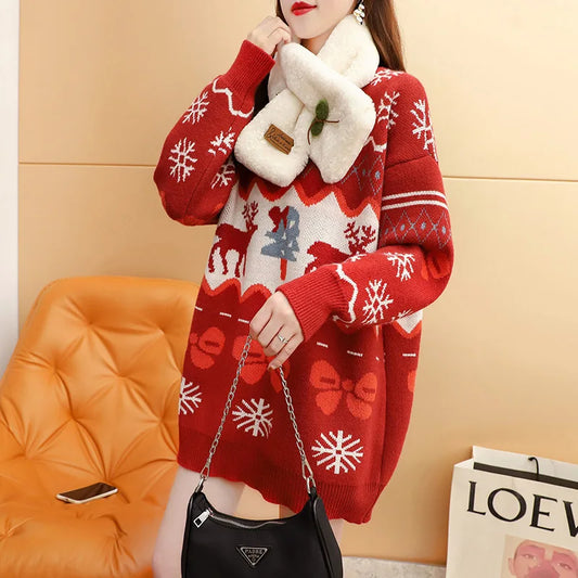 Autumn Winter Christmas Elk Red Oversized Casual Fashion Christmas Sweater