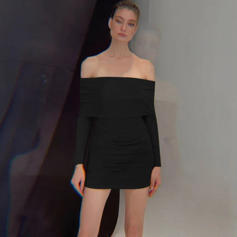 Autumn And Winter New Off Shoulder Knitted Slim Pleated Long Sexy Bodycon Dress Black / S