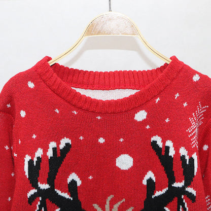 Warm Long Sleeves Fur Collar Cartoon Reindeer Print Christmas Christmas Sweater