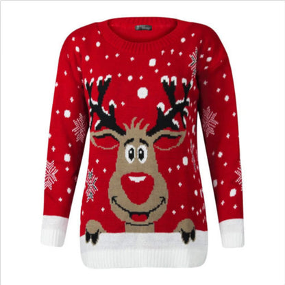 Warm Long Sleeves Fur Collar Cartoon Reindeer Print Christmas Christmas Sweater