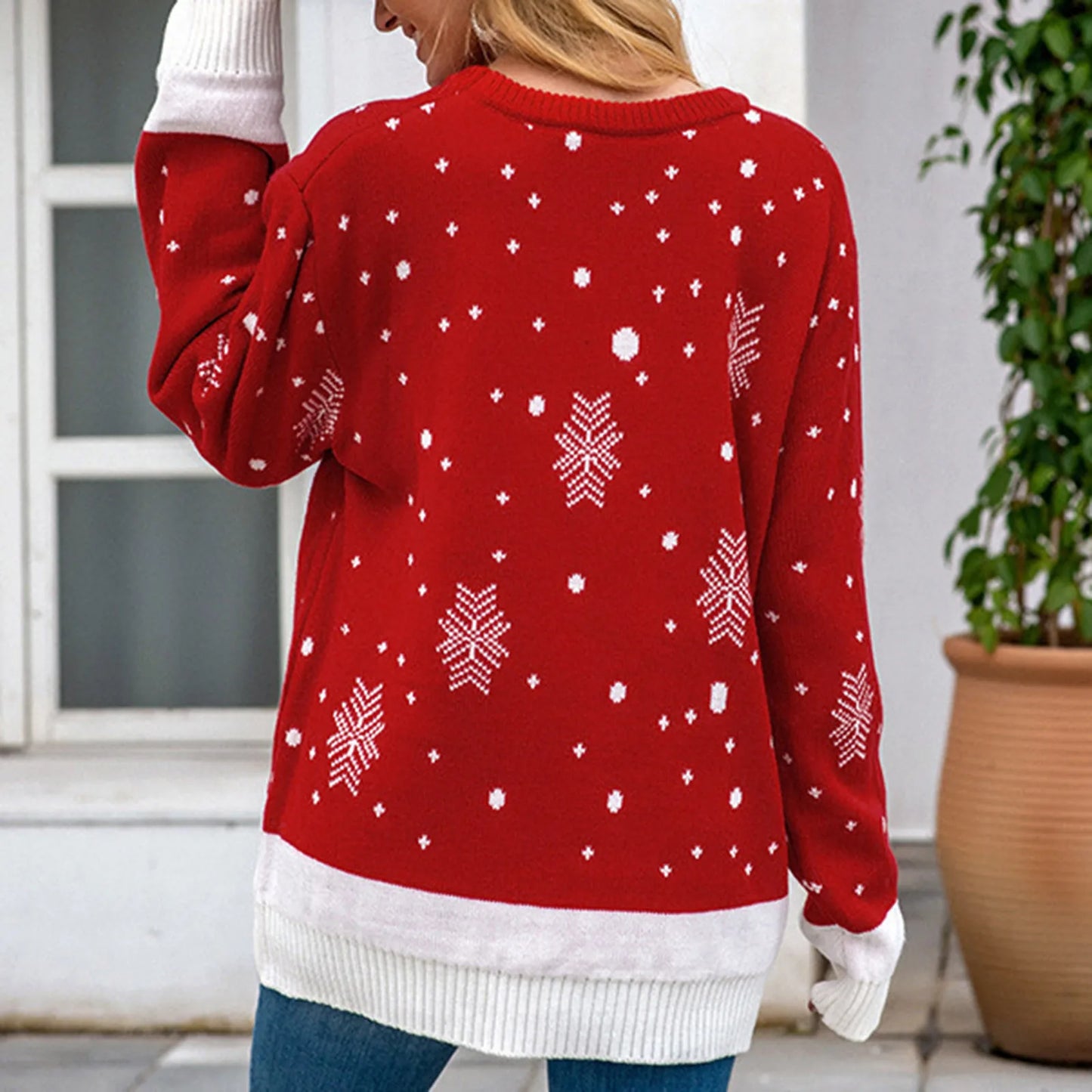 Warm Long Sleeves Fur Collar Cartoon Reindeer Print Christmas Christmas Sweater