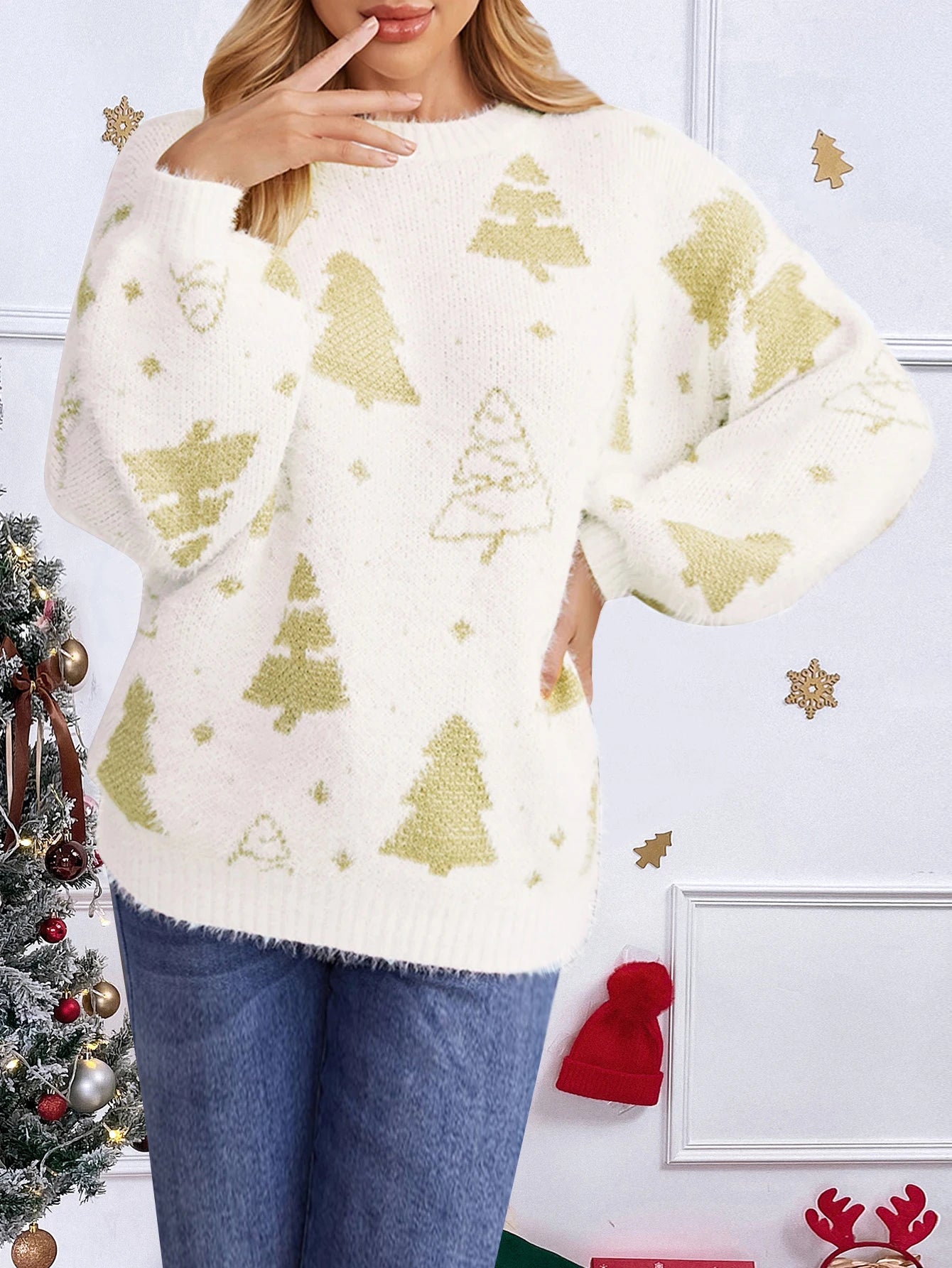 Multi-color Christmas Tree Design Round Neck Loose Lazy Wind Christmas Sweater